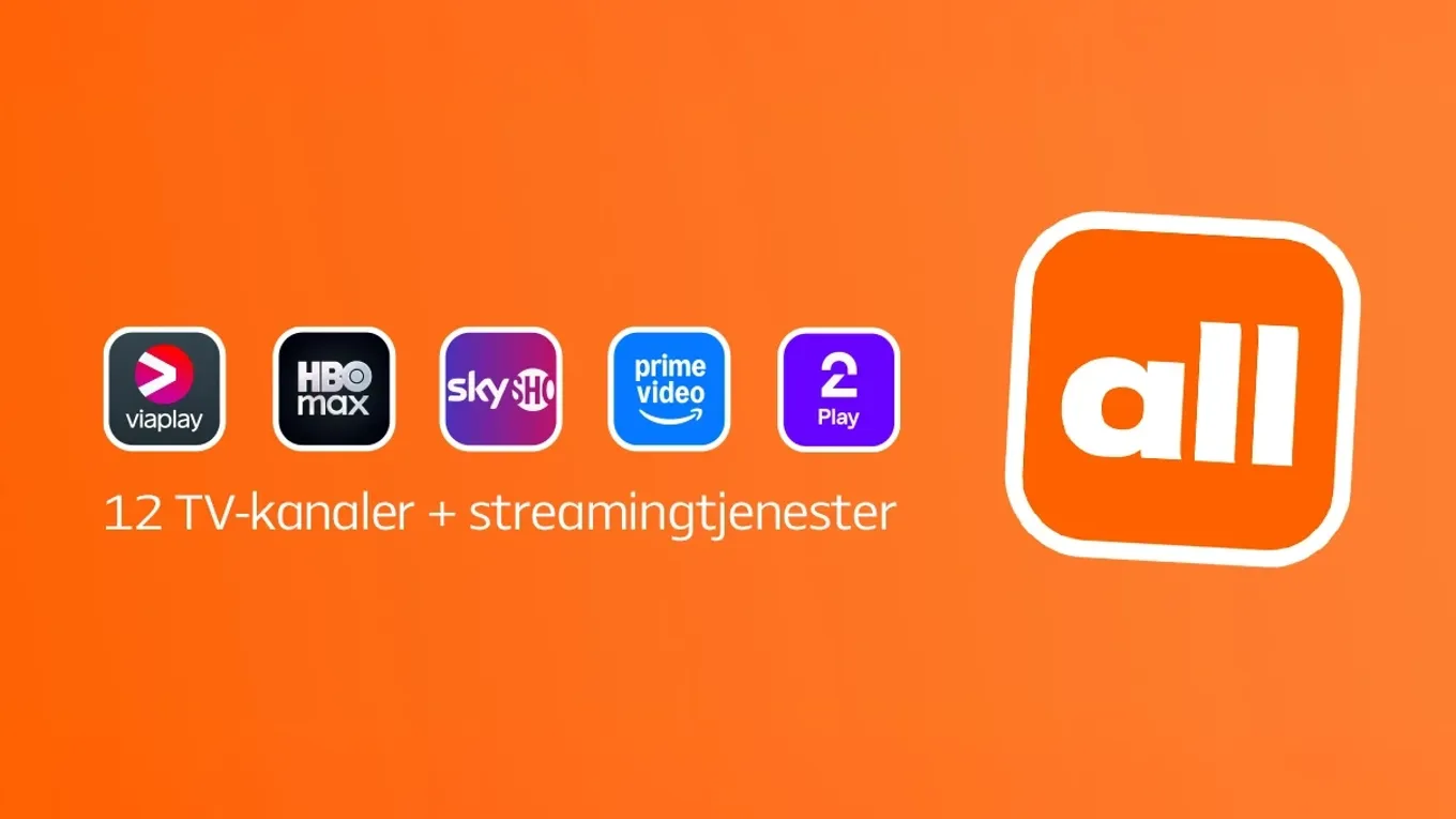 Allente logo og logo for TV-kanaler Viaplay, HBOmax, Skyshowtime, Prime Vidao, TV 2 play