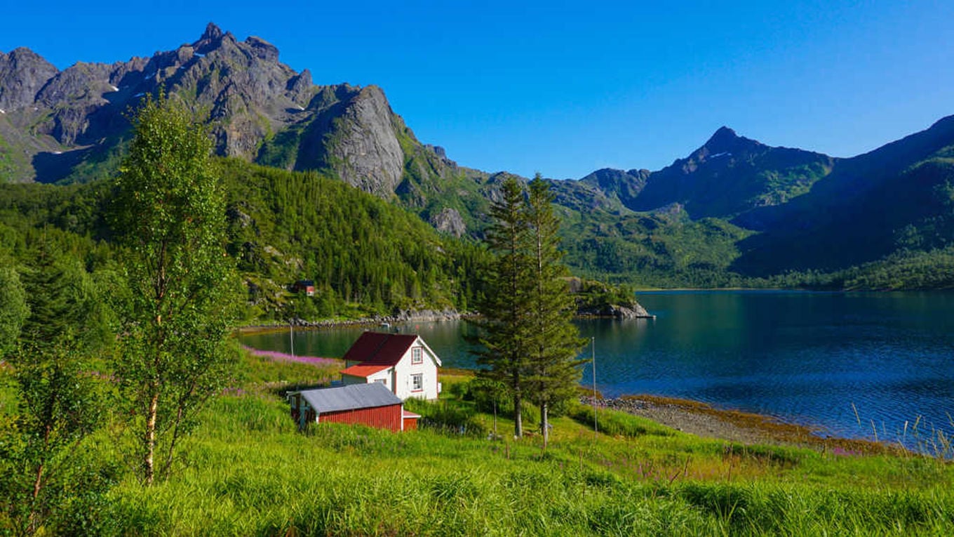 Hvit hytte langs fjorden