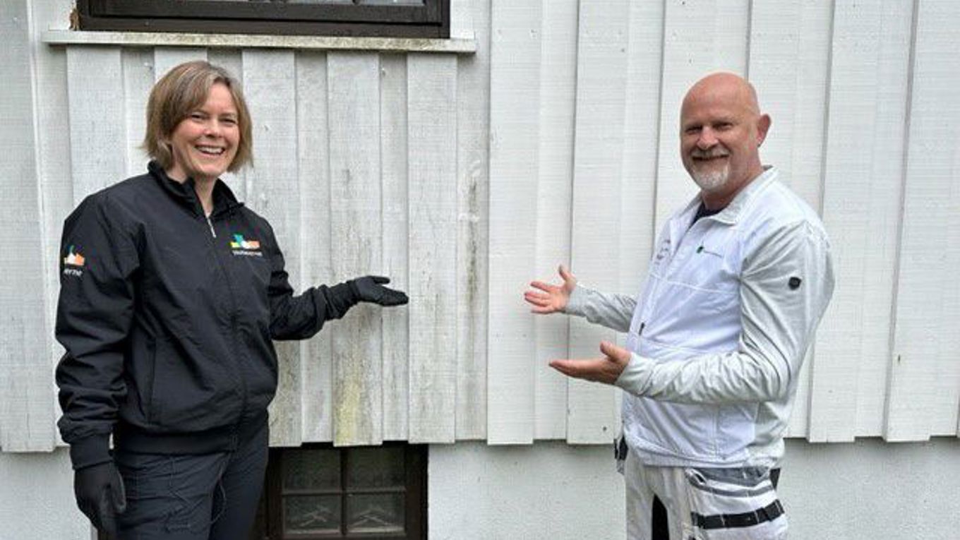 Husvegg før og etter vasking av svertesopp