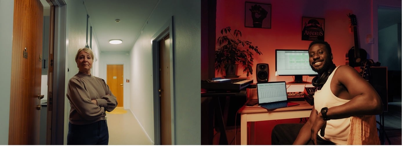 En kvinne og en mann i ulike rom i en blokk