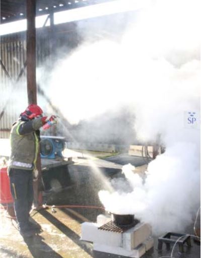 Det oppstod mye røyk og damp da SP Fire Research forsøkte slukke frityrbrann med slukkespray. Foto: SP Fire Research