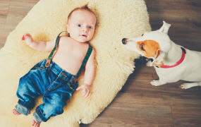 Gulvvarme illustrasjon av baby på teppe og hund