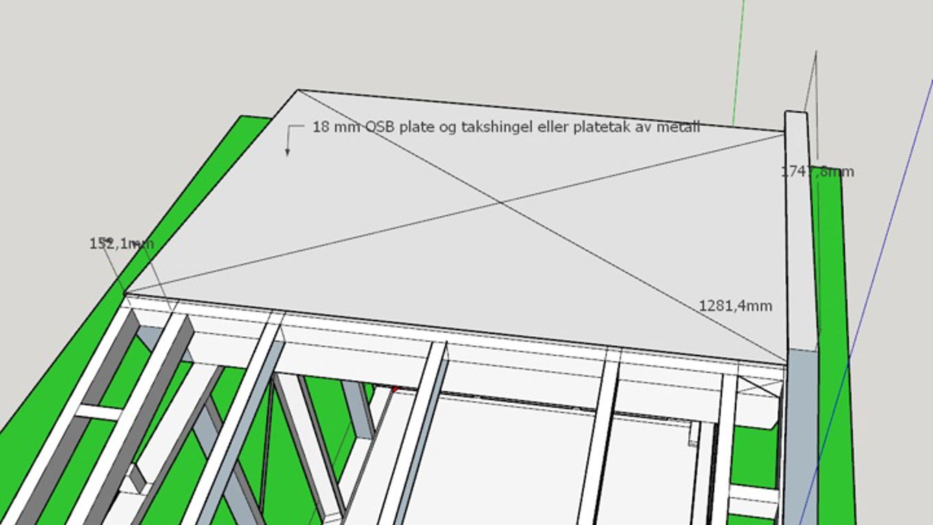 3D-illustrasjon sett ovenfra av en bod under bygging. Viser takkonstruksjon med bjelker og en 18 mm OSB-plate som underlag for takshingel eller metalltak.