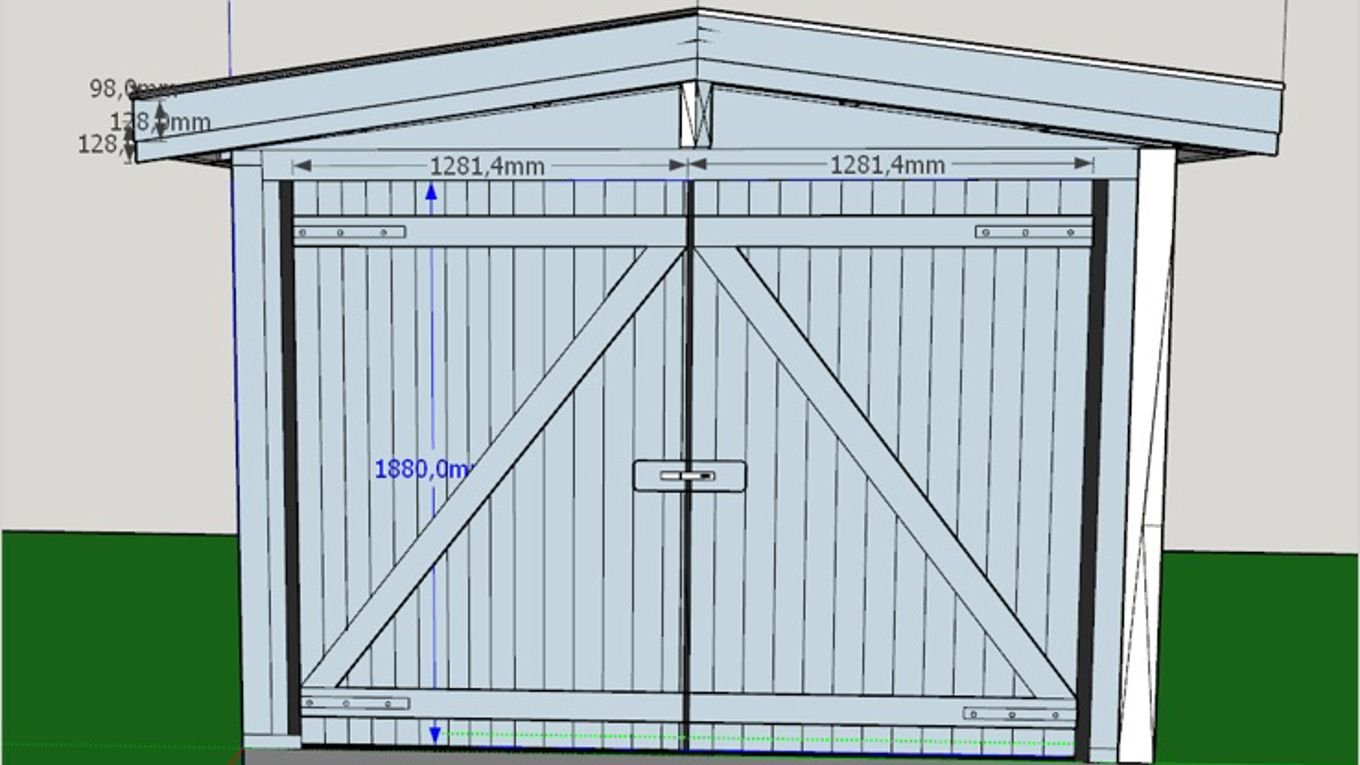 3D-tegning av en bod sett forfra, med saltak og doble tredører. Dørene er merket med mål på 1880 mm i høyde og 1281,4 mm i bredde per dør, samt total takutstikk på 1747,8 mm.
