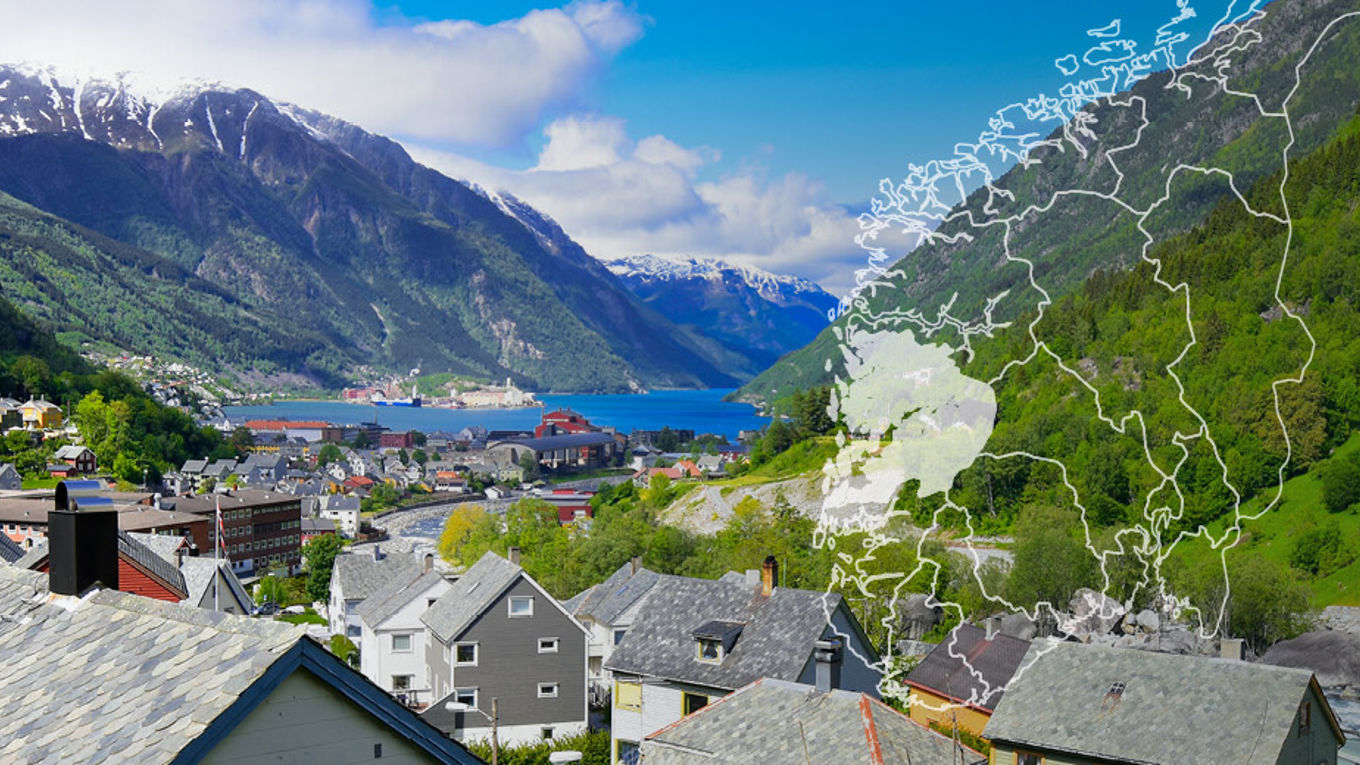 Illustrasjon av distriktsavdelingen Rogaland over et fjordlandskap