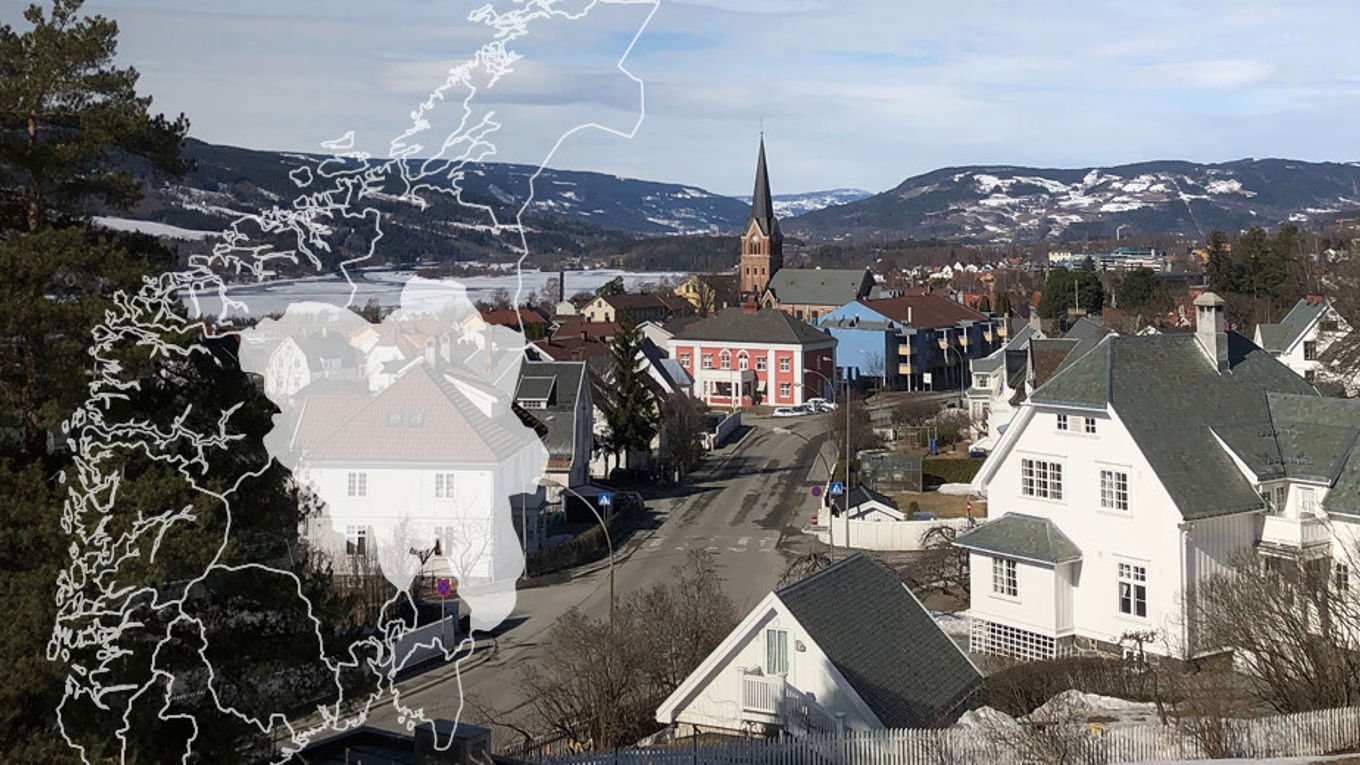 Illustrasjon av distriktsavdelingen Innlandet over et landskap
