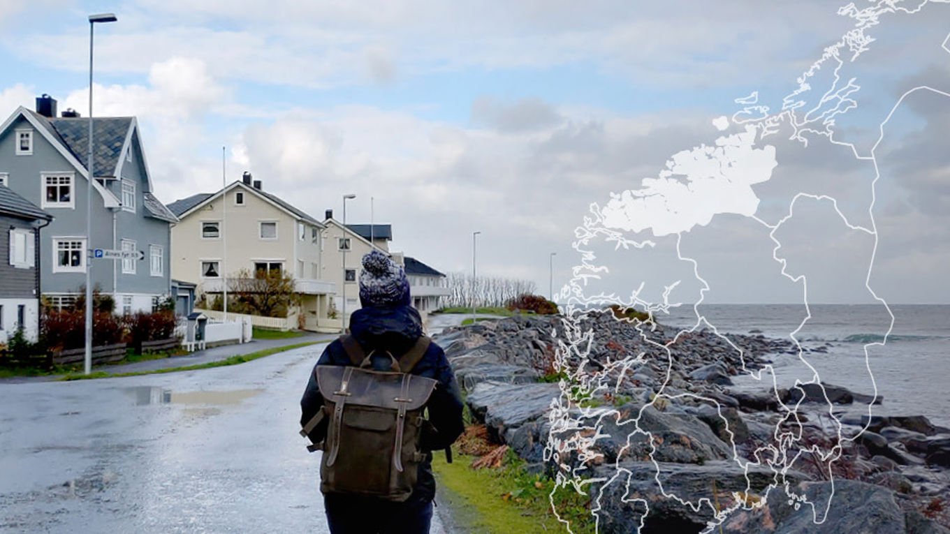 Illustrasjon av distriktsavdelingen Møre og Romsdal, og en kvinne som går langs havet