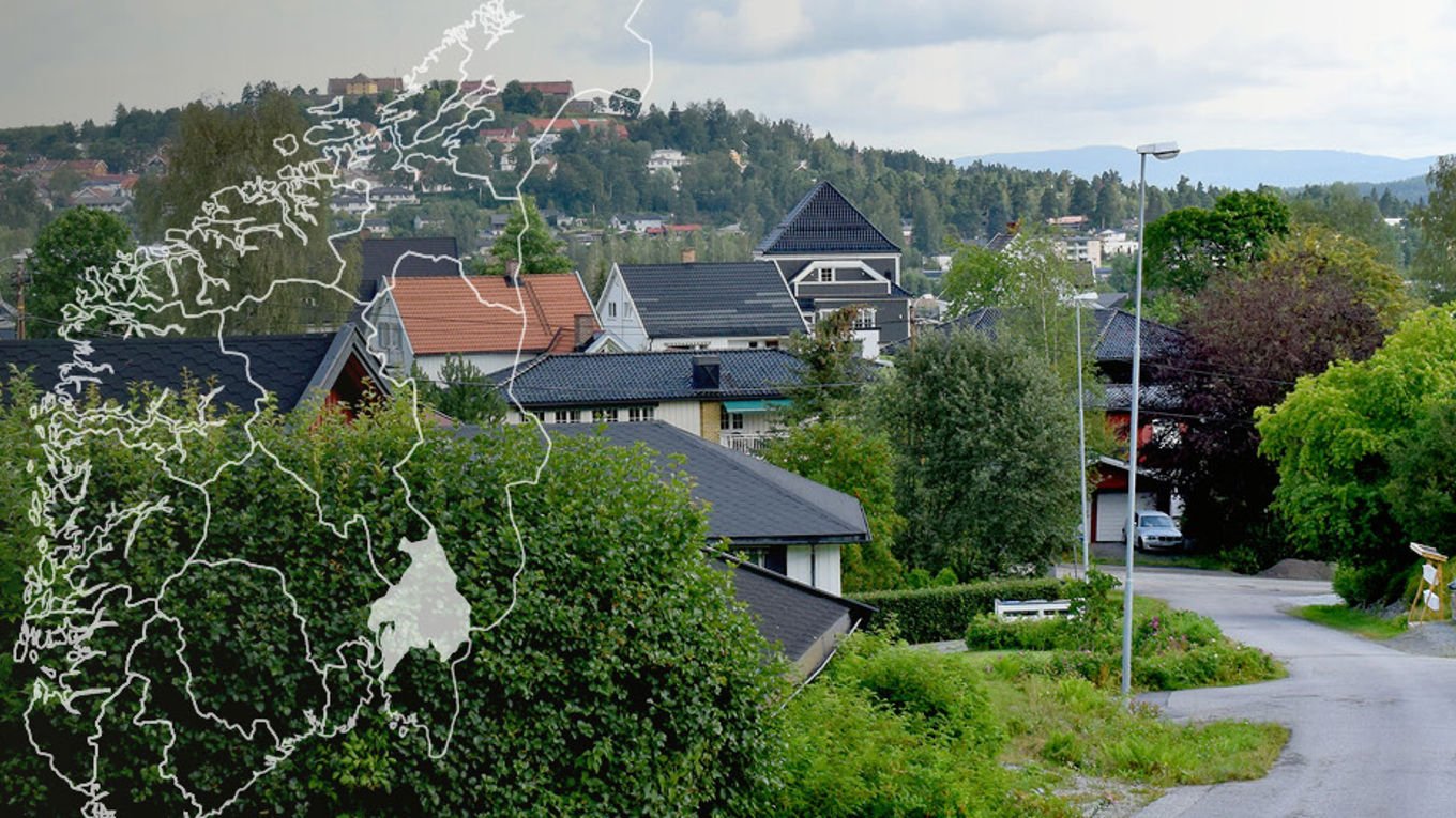 Illustrasjon av distriktsavdelingen Oslo og Akershus på kartet, over et tettsted i regionen