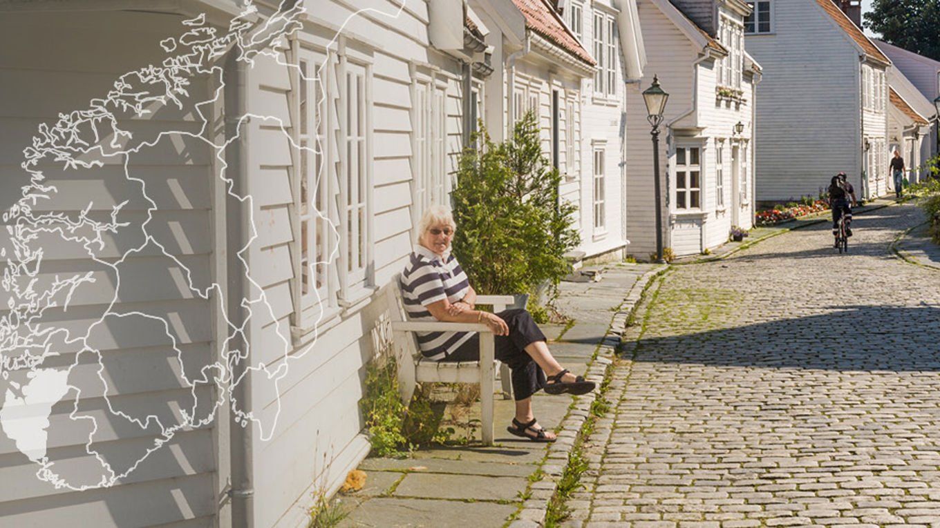 Illustrasjon av distriktsavdelingen Rogaland på kartet, over et bilde fra Stavanger