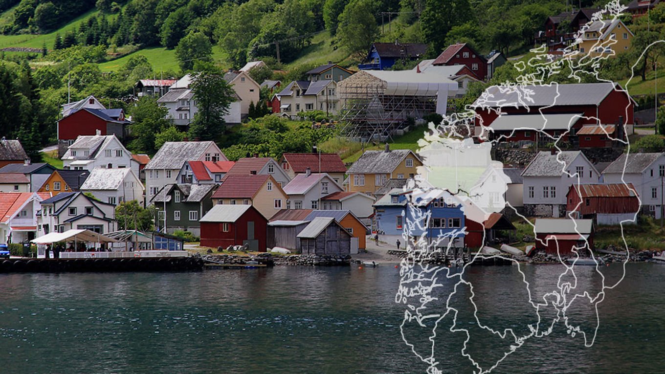 Illustrasjon av distriktsavdelingen Sogn og Fjordane på kartet, over et bilde fra en fjord