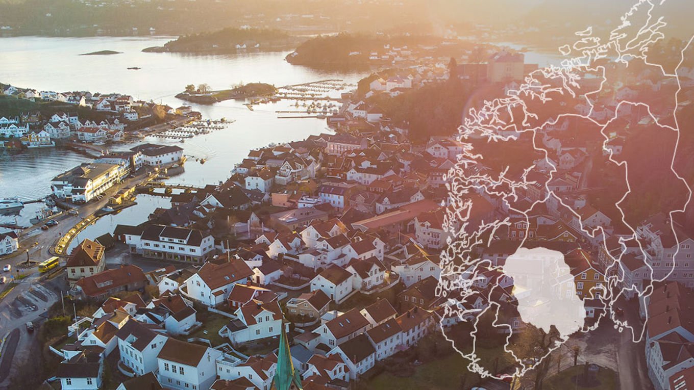 Illustrasjon av distriktsavdelingen Telemark på kartet, over et bilde av en by