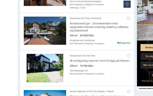 PÅ BOLIGJAKT? Blant boliger i det øvre prissjiktet i Oslo vil eiendomsskatten utgjøre en betydelig årlig utgift. Men det varierer hvor mye informasjon du som kjøper får om dette. (Skjermdump fra Finn.no.) 
