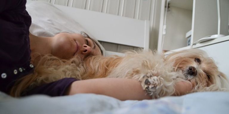 VARMT OG GODT: Lisa Lang trives godt med å ha begge hundene sine i senga. Foto: Privat