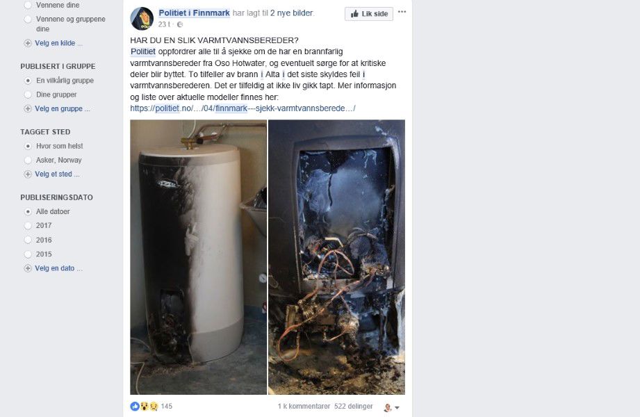 Oso Varmtvannsbereder Advarsel