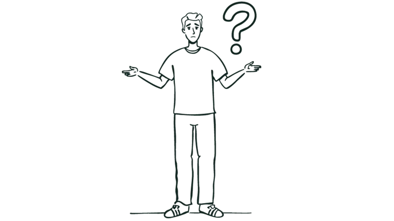 Illustrasjon av en mann som står med hendene ut til siden i en spørrende gest. Med et spørsmålstegn ved siden av hodet.