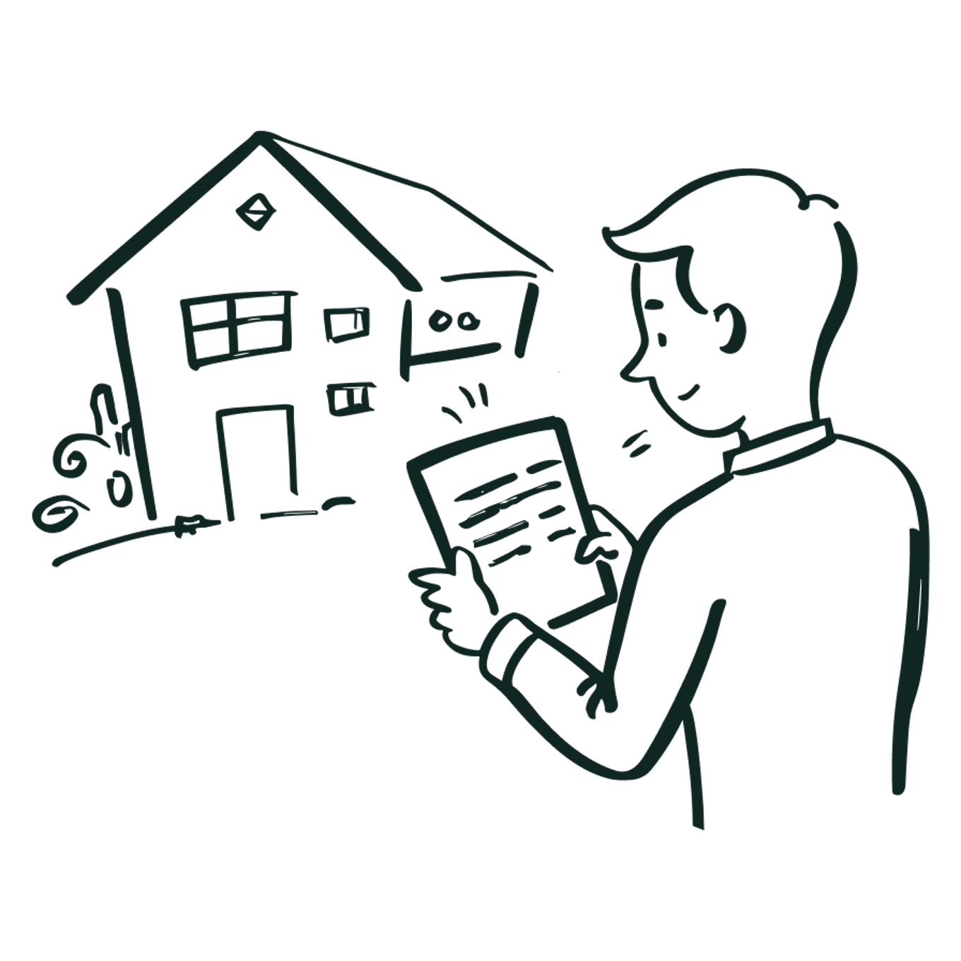 Illustrasjon av en mann med en gjøremålsliste foran et hus