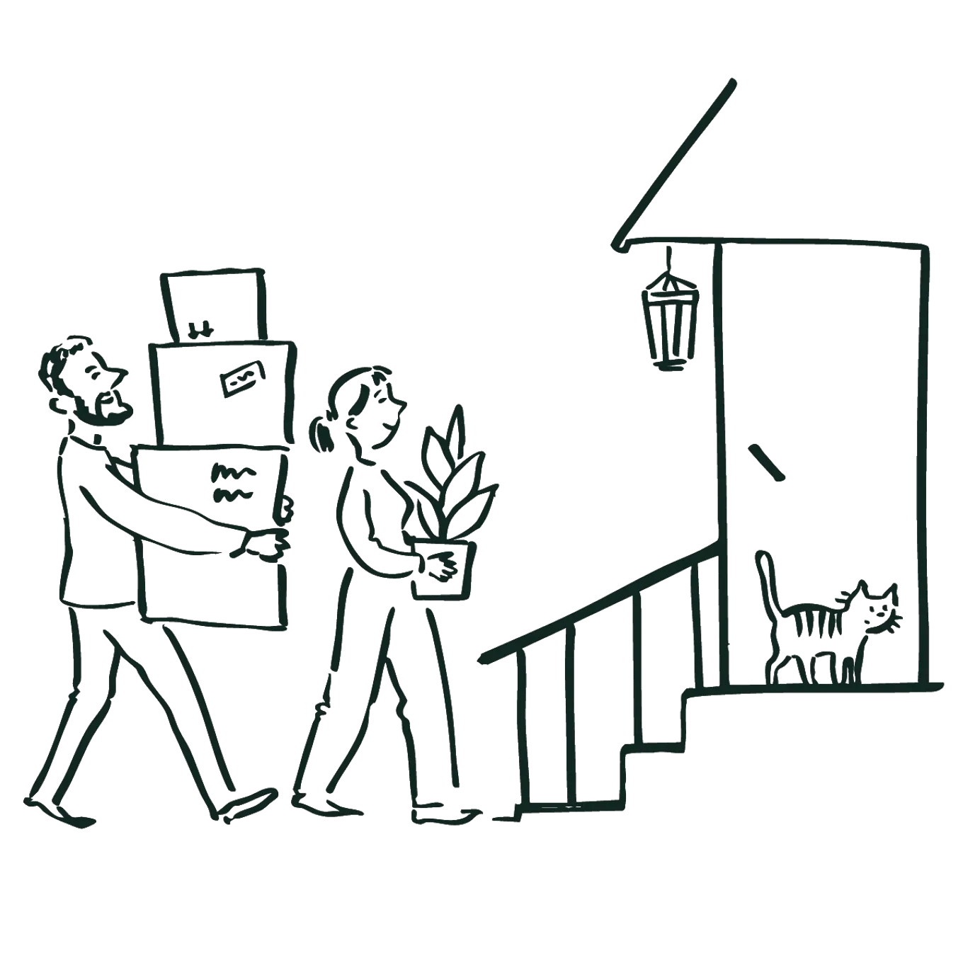Illustrasjon av mann og dame som bærer flyttekasser og planter  på vei mot inngangen av et hus
