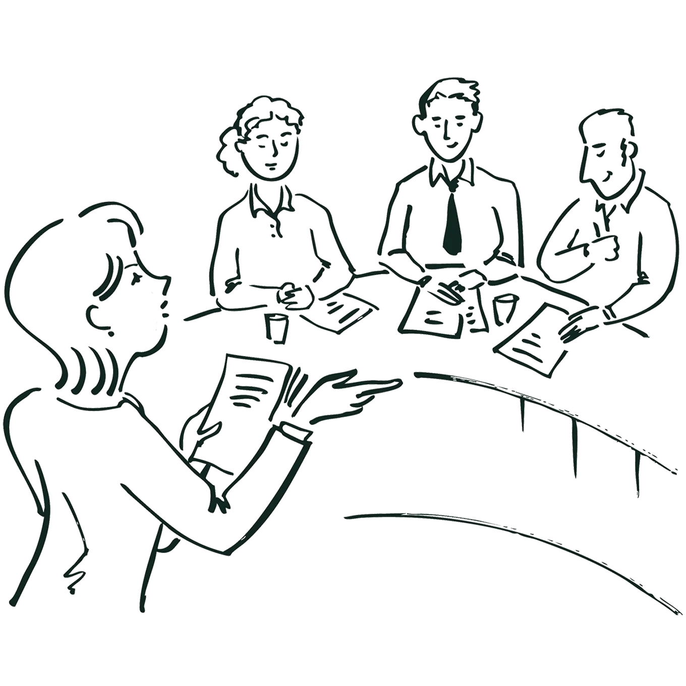 Illustrasjon av en person står og presenterer dokumenter for tre sittende personer ved ved en høring