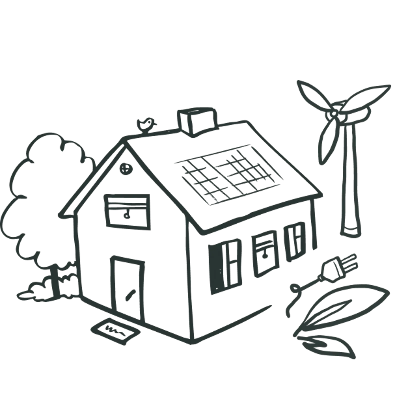 Illustrasjon av et hus med solcellepanel på taket, omgitt av symboler for fornybar energi, inkludert en vindturbin og energieffektive løsninger