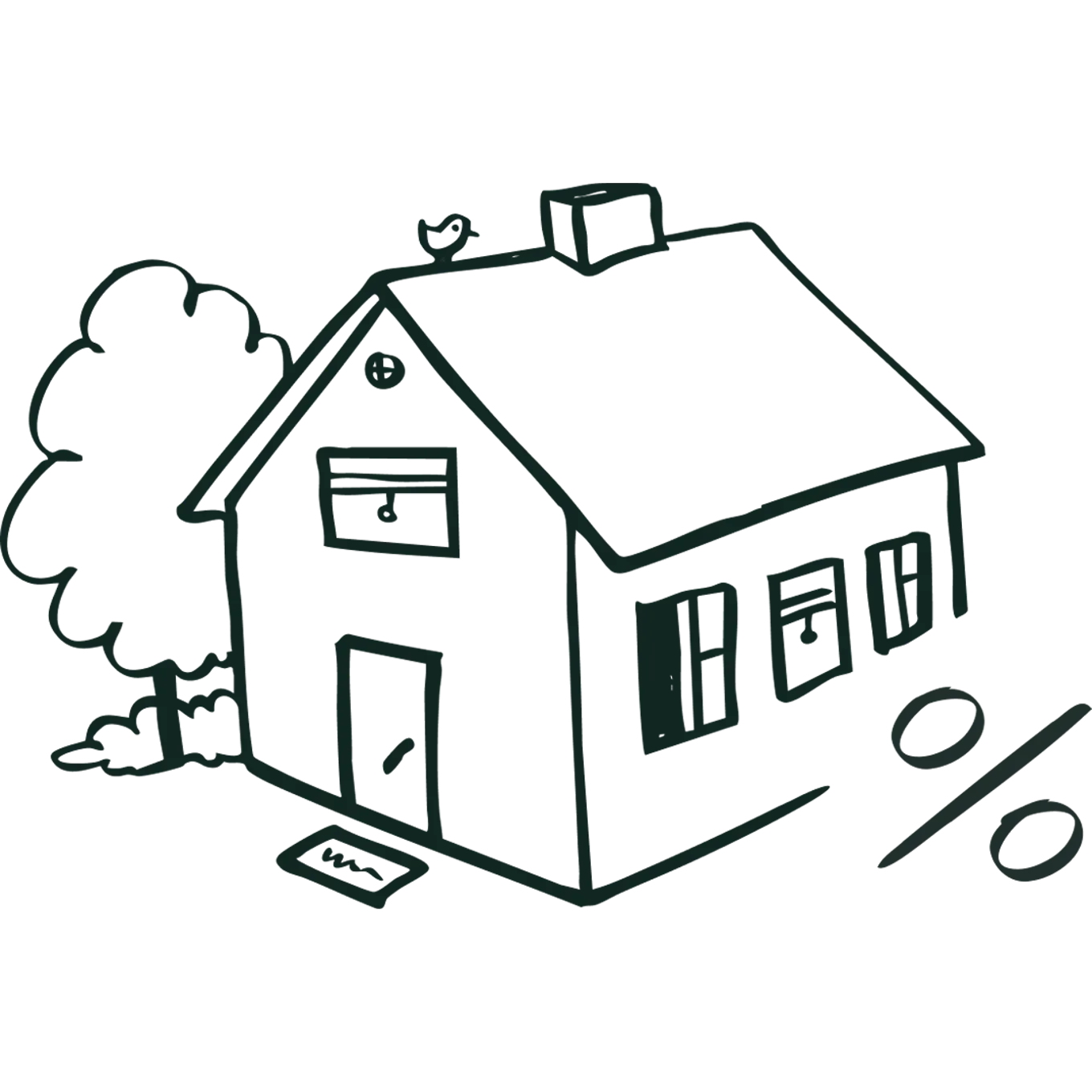 Illustrasjon av et hus med et prosent tegn ved siden av.