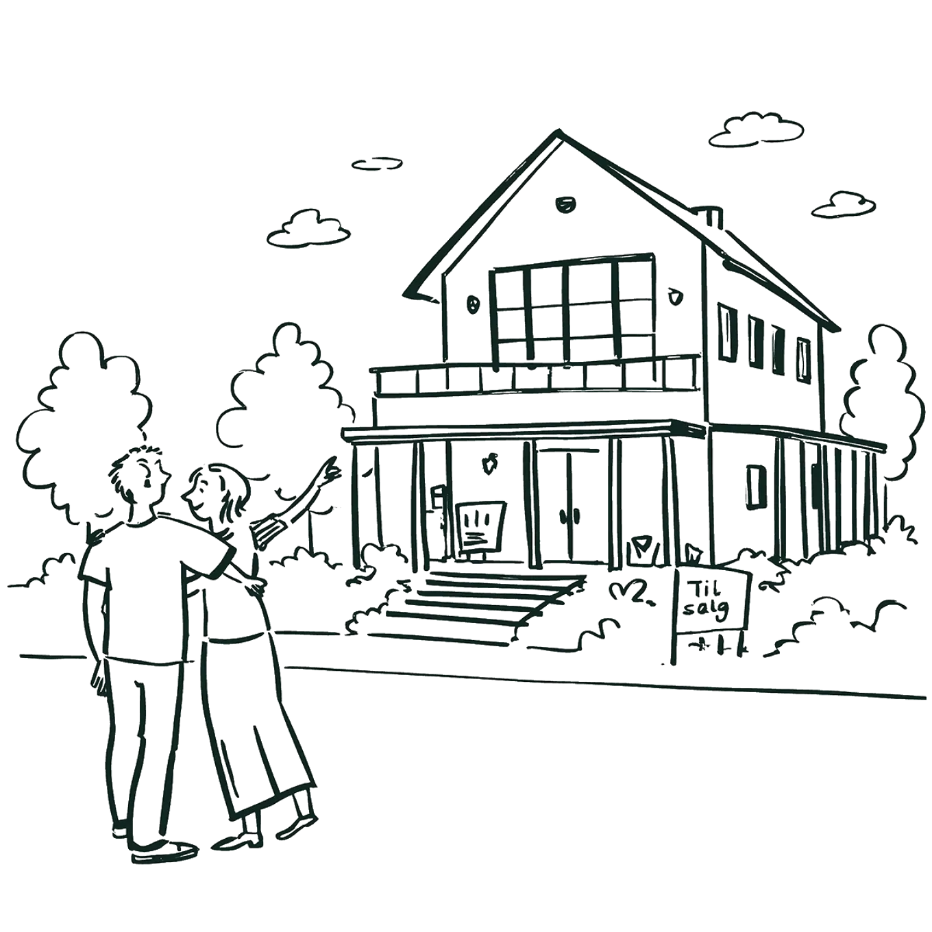 Et par står sammen foran et moderne toetasjes hus med skråtak, store vinduer og balkong. De ser begeistret på huset, som om de forestiller seg sitt fremtidige hjem. Det er noen trær og skyer i bakgrunnen, og et «Til salgs»-skilt er plassert foran huset. Scenen skal føles varm og håpefull, og symbolisere kjøp av et nytt hjem.