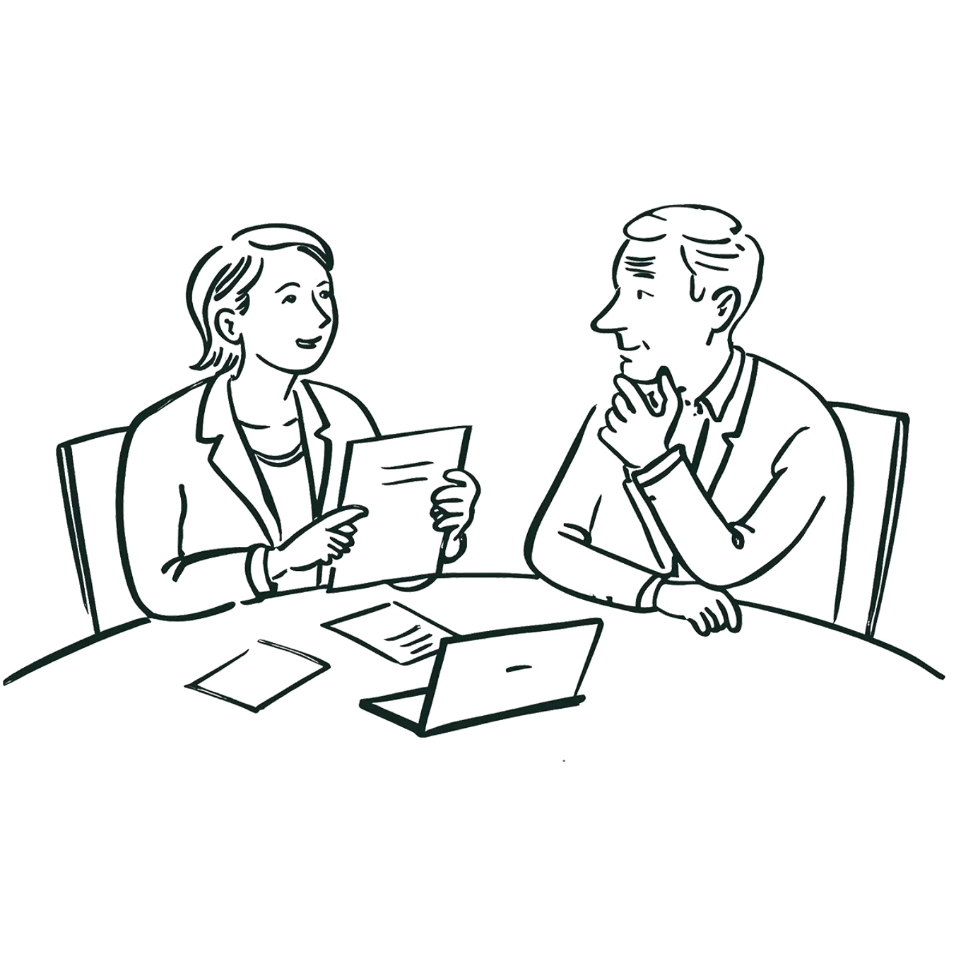 Illustrasjon av en mann og en dame som sitter ved det bord. Damen holder i noen dokumenter, og det er en pc på bordet.