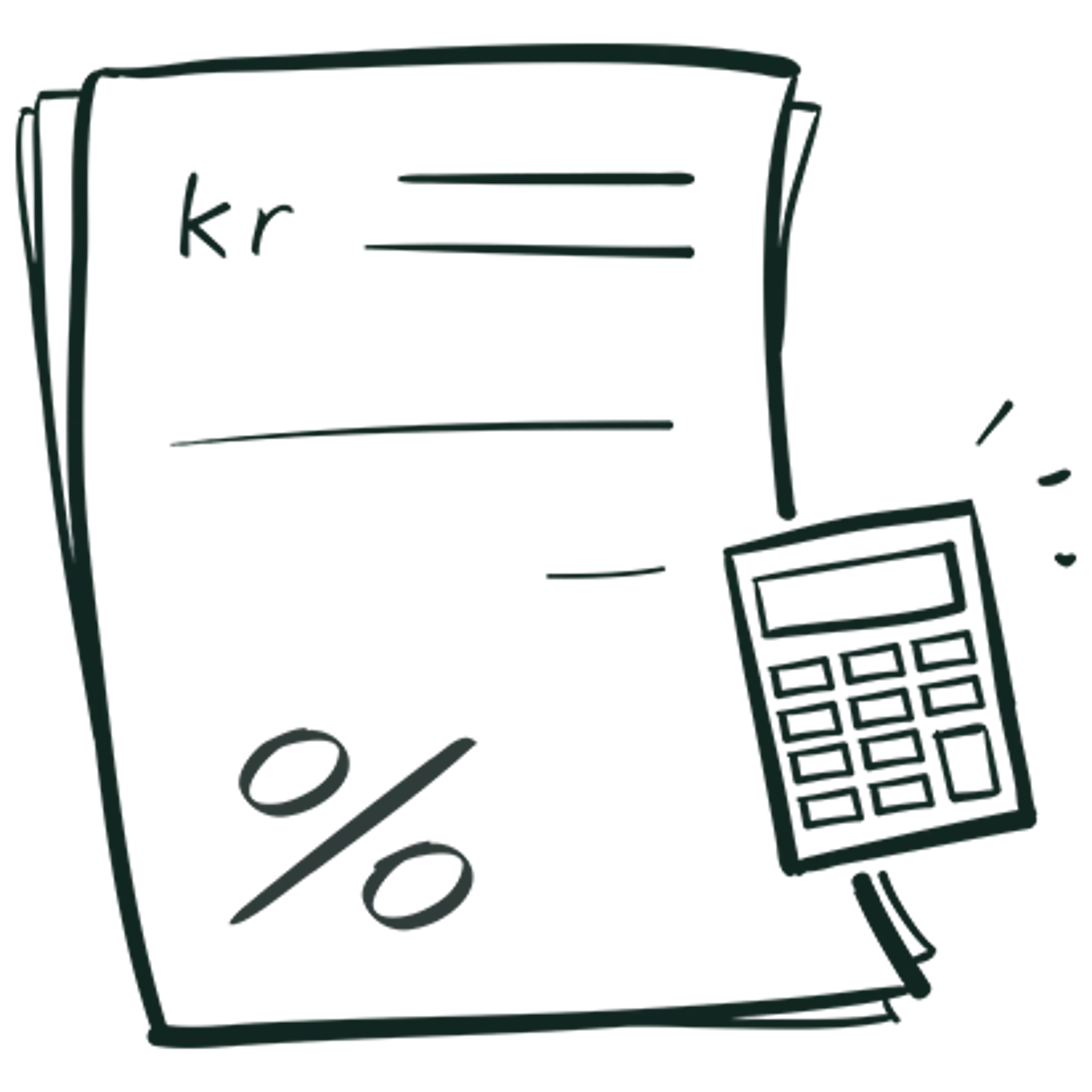 Illustrasjon av et dokument med kr. og % pluss kalkulator