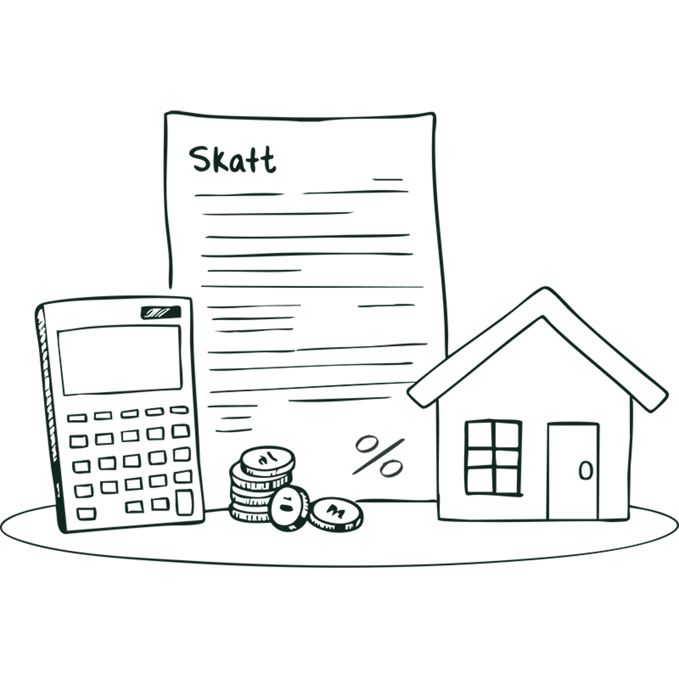 Illustrasjon av hus kalkulator og skattedokument