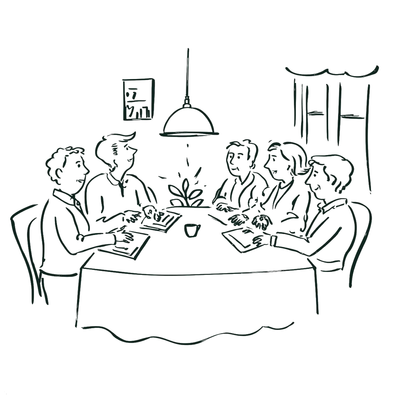 Illustrasjon av en gruppe voksne mennesker som sitter rundt et bord i et hjem. De har papirer foran seg.
