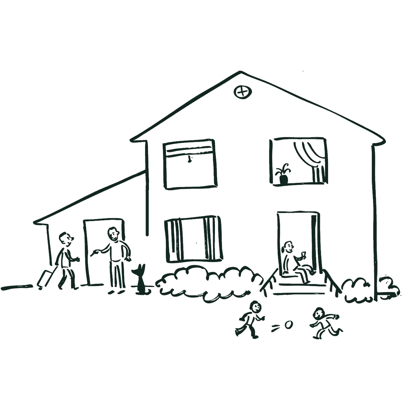 En illustrasjon av et hus med et påbygg hvor noen kommer og skal leie en del av huset. Eier står klar med nøkkelen in hånden.