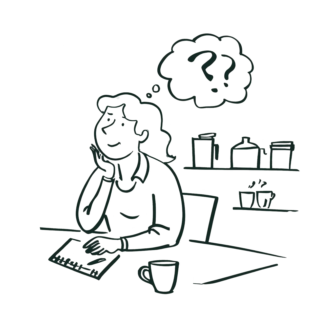 Illustrasjon av dame som sitter ved kjøkkenbordet. Hun har spørsmålstegn i en tenkeboble.