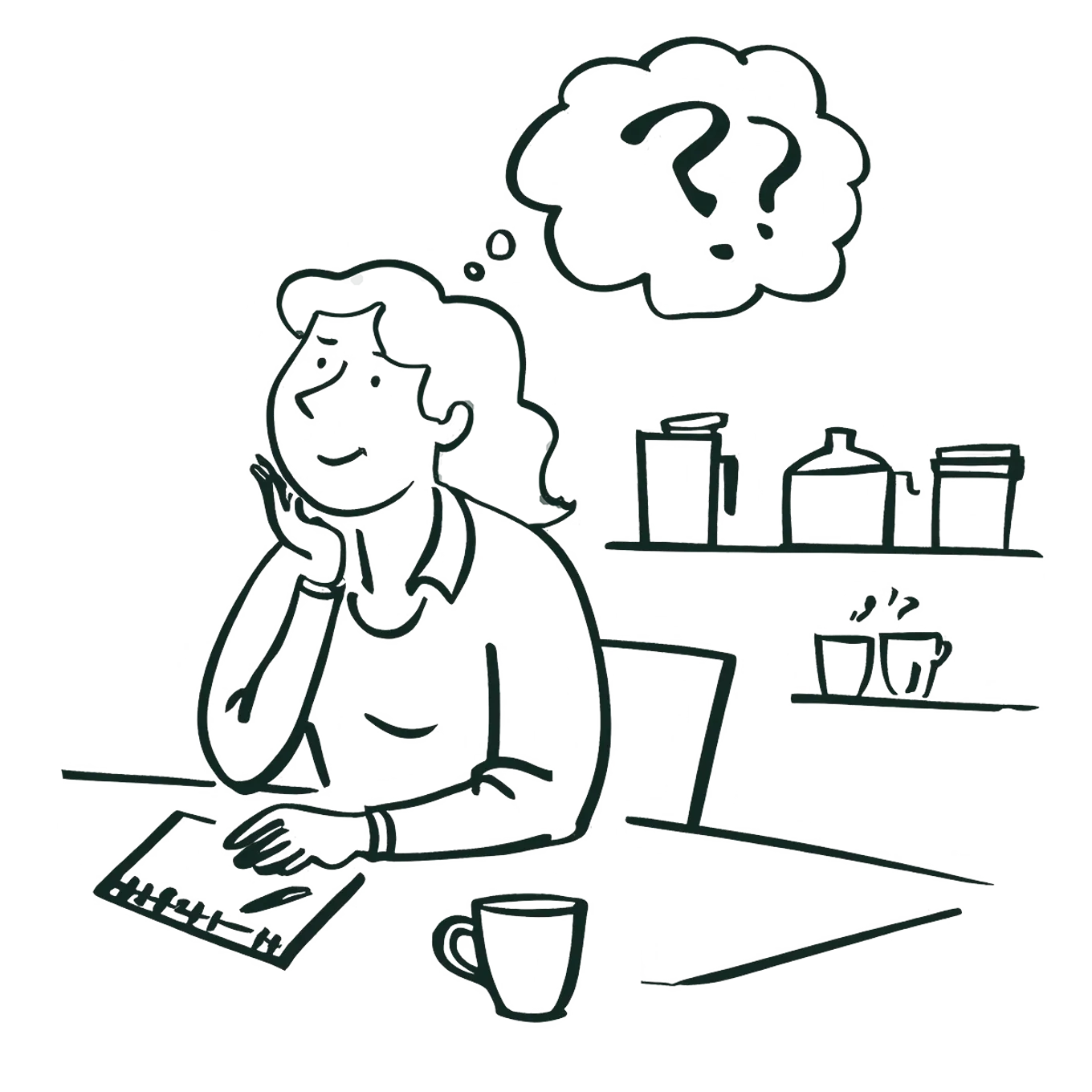 Illustrasjon av dame som sitter ved kjøkkenbordet. Hun har spørsmålstegn i en tenkeboble.