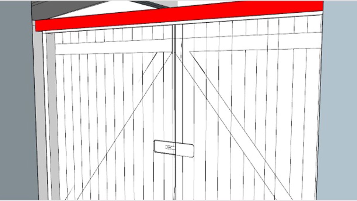 Illustrasjon som viser en dobbel tredør på en bod, der bjelken over dørene er markert i rødt for å tydeliggjøre plassering av overliggeren.
